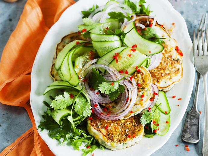 **[Corn fritters with cucumber salad](https://www.womensweeklyfood.com.au/recipes/corn-fritters-with-cucumber-salad-9504|target="_blank")**
