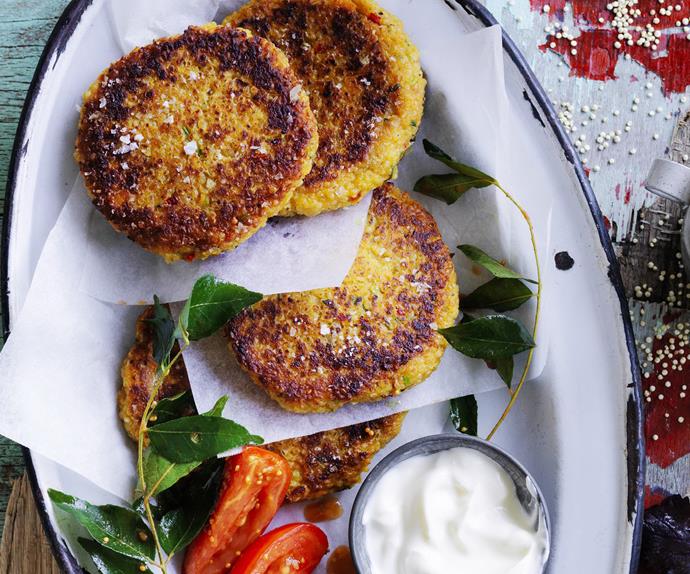 indian-spiced quinoa cakes with tomatoes