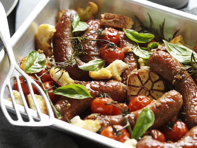 **[Baked beef sausages with rosemary and tomato](https://www.womensweeklyfood.com.au/recipes/baked-beef-sausages-recipe-3690|target="_blank")**

This convenient baked sausages recipe is a wonderous [one-pot meal](https://www.womensweeklyfood.com.au/tags/one-pot-meal|target="_blank")  from the Women's Weekly featuring delicious roasted garlic, fragrant rosemary and tender baked tomato.