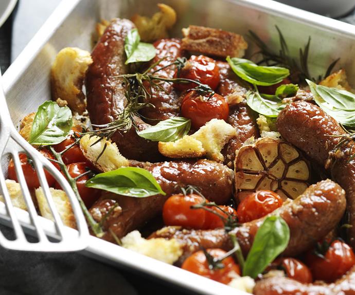 rosemary roasted sausages and tomatoes