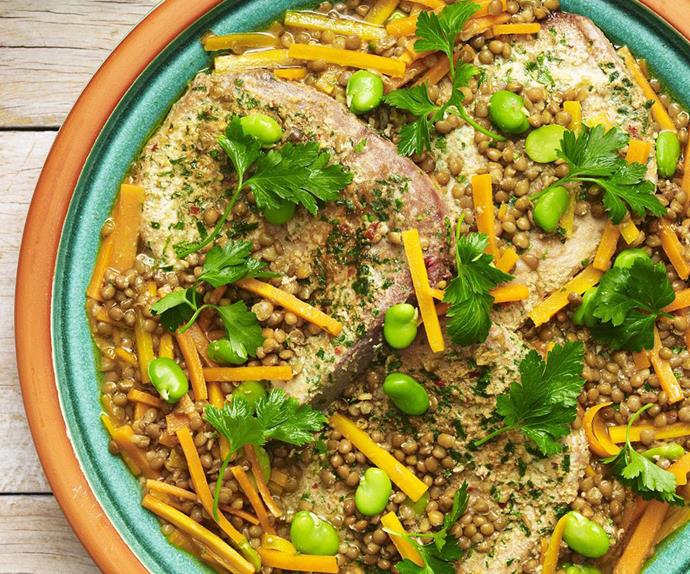 tuna tagine with lentils and beans