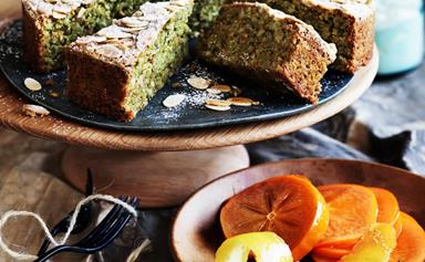 Pistachio almond cake with poached persimmons