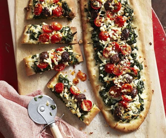 haloumi, spinach and tomato party pizzas