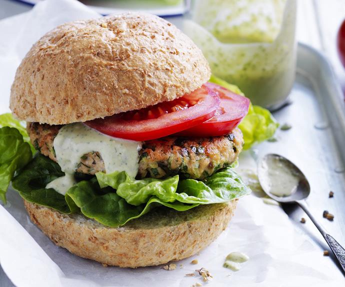 Salmon and zucchini burgers with green hummus | Australian Women's ...