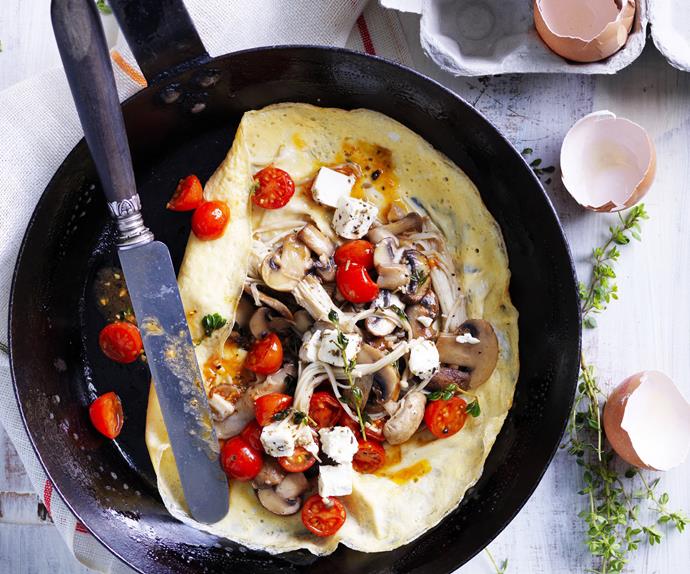 mushroom, tomato and goat's cheese omelettes