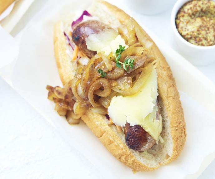 GOURMET HOT DOGS WITH CIDER-BRAISED ONIONS