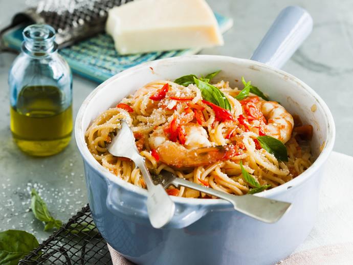 **[One-pot chilli, tomato and garlic prawn spaghetti](https://www.womensweeklyfood.com.au/recipes/one-pot-chilli-tomato-and-garlic-prawn-spaghetti-8501|target="_blank")**
