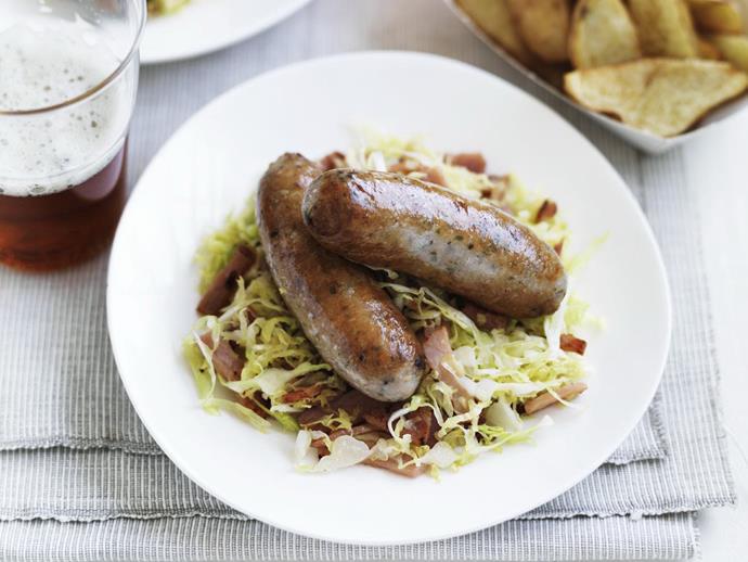 A super quick and easy [pork sausage with crispy potatoes and cabbage](https://www.womensweeklyfood.com.au/recipes/pork-sausages-with-crispy-potatoes-and-cabbage-3436|target="_blank") for those busy midweek dinners.