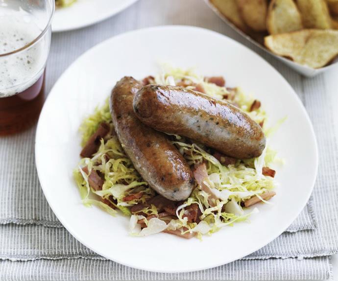 pork sausages with crispy potatoes and cabbage