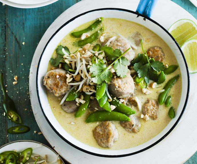 green curry with chicken meatballs