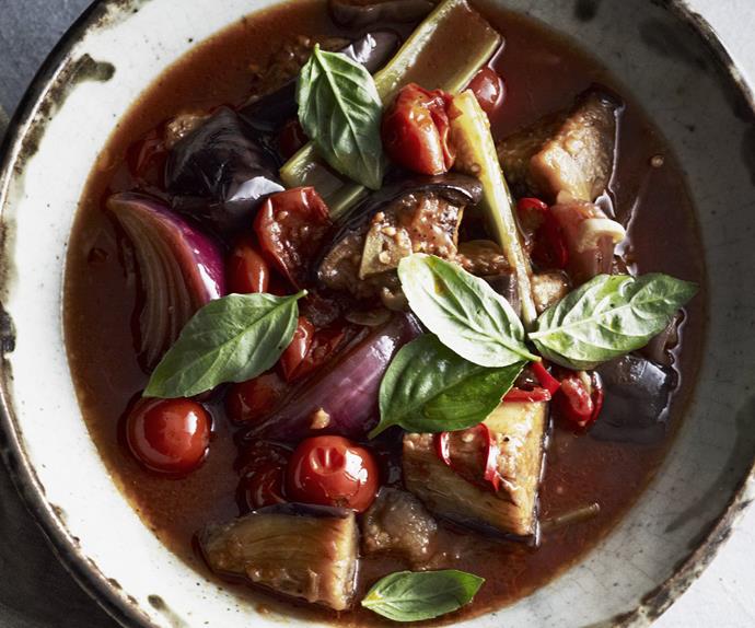 eggplant, chilli and tomato stew           with ricotta
