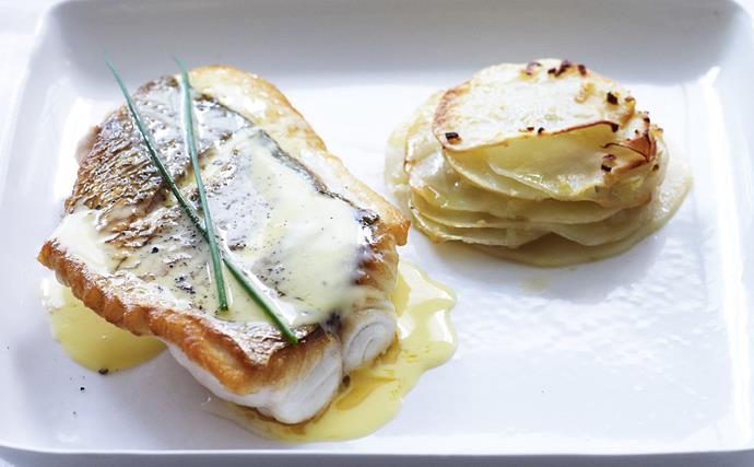 snapper with potato stacks and beurre blanc