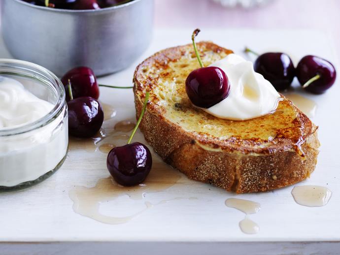 **[French toast with poached cherries](https://www.womensweeklyfood.com.au/recipes/french-toast-with-poached-cherries-8195|target="_blank")**

Classic French toast served with vanilla and citrus-poached cherries and a heart dollop of Greek yoghurt make for a sweet and tart brunch you'll adore.