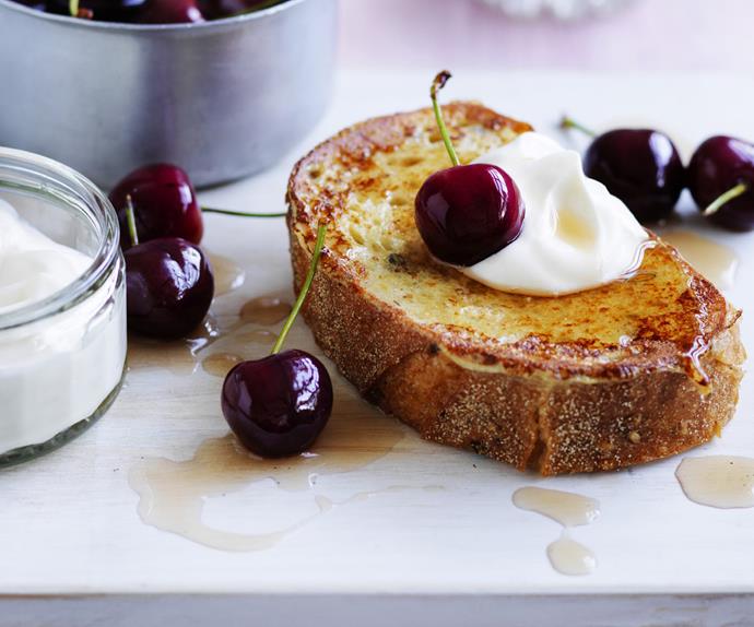 french toast with poached cherries