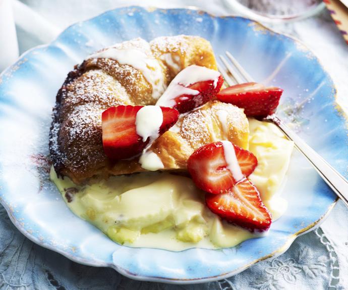 croissant custard pudding withstrawberries
