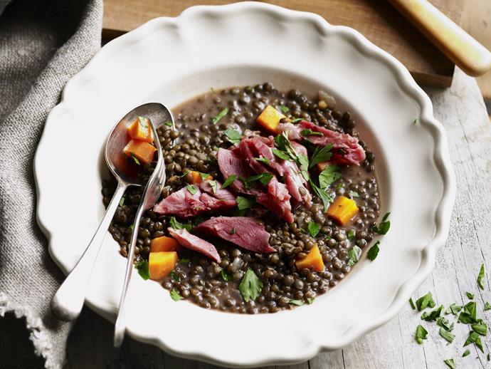 **[Ham hock with lentils](https://www.womensweeklyfood.com.au/recipes/ham-hock-with-lentils-7801|target="_blank")**

Smoky saltiness of ham hock and the hearty goodness of lentils and fresh veg cooked in the pressure cooker for tender meat, in under an hour.