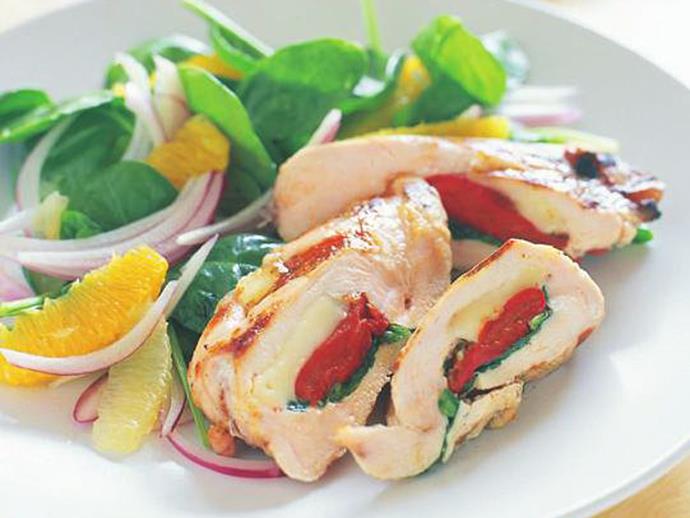 **[Stuffed chicken breast with spinach salad](https://www.womensweeklyfood.com.au/recipes/stuffed-chicken-breast-with-spinach-salad-7860|target="_blank")**

Stuffing chicken breasts helps keep them moist and juicy while cooking, as well as adding a huge flavour boost to the finished dish.