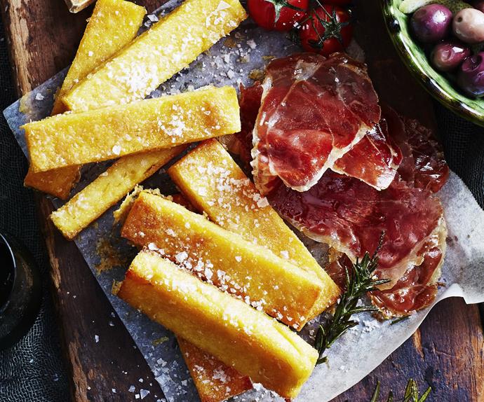 POLENTA CHIPS WITH PROSCIUTTO ROAST TOMATOES