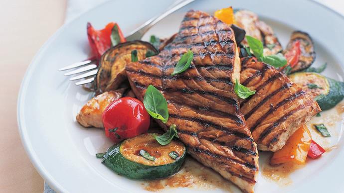 char-grilled swordfish with roasted mediterranean vegetables