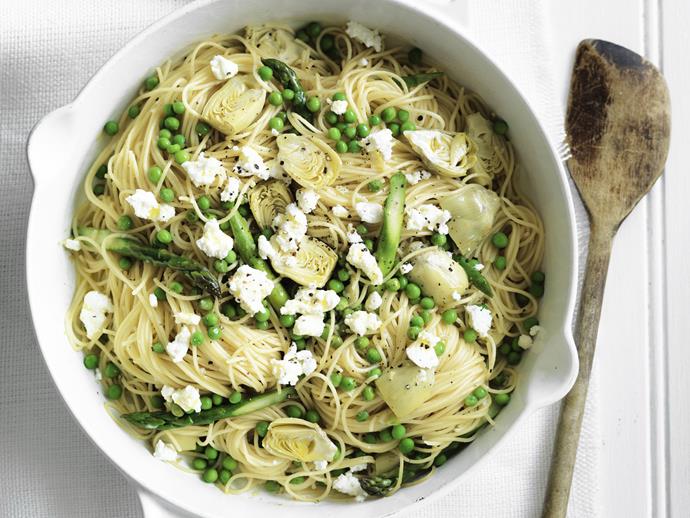 **[Spaghetti with artichokes, asparagus and peas](https://www.womensweeklyfood.com.au/recipes/spaghetti-with-artichokes-asparagus-and-peas-7477|target="_blank")**

Enjoy the bounty of spring with this delicious pasta which takes advantage of in-season asparagus, pea, and artichoke.