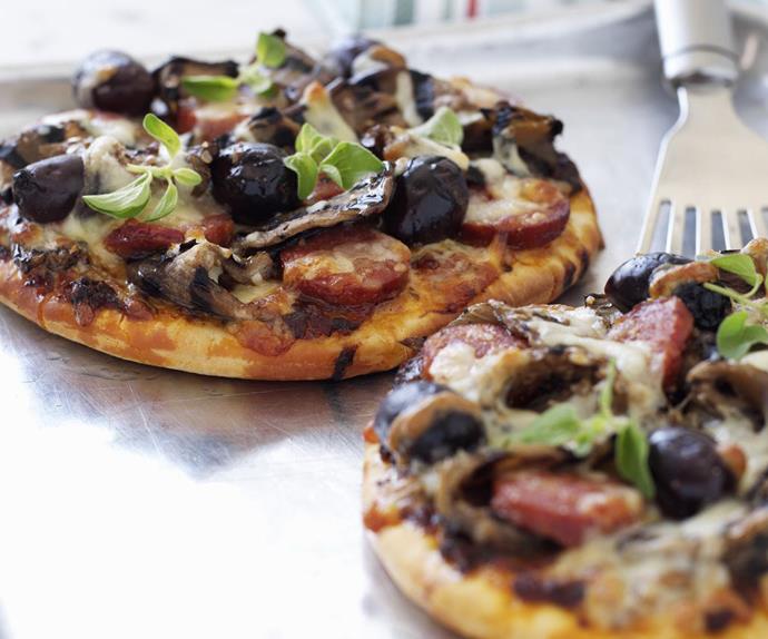 Roasted eggplant and chorizo pizza