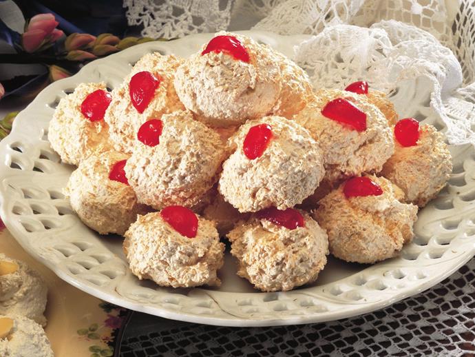 These [classic coconut macarons with glace cherries](http://www.foodtolove.com.au/recipes/coconut-macaroons-28763|target="_blank") are the lesser-known, but just as delicious, biccie.