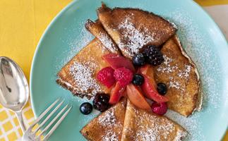 Pancakes with poached stone fruit & berries