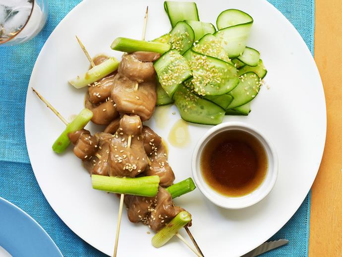 **[Cucumber salad with teriyaki salmon skewers](https://www.womensweeklyfood.com.au/recipes/cucumber-salad-with-teriyaki-salmon-skewers-8545|target="_blank")**

A divine starter for a celebratory dinner, these teriyaki salmon skewers with cucumber salad are exquisite. You can alternate salmon chunks with prawns if you like.