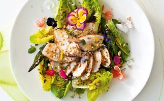 Grilled asparagus and pan-fried chicken breasts with verjuice and hazelnut dressing