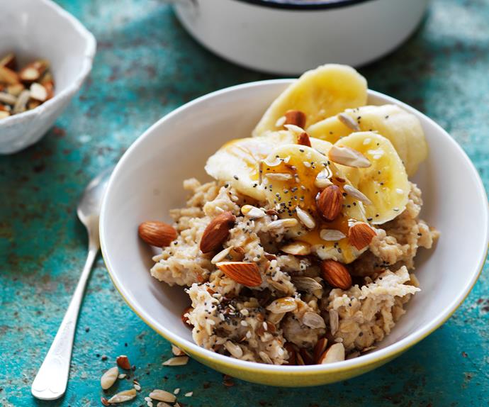 soy porridge with banana, whole seeds and almonds