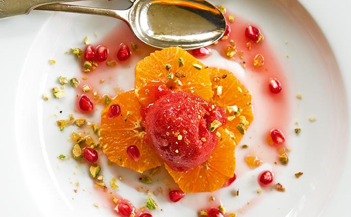 Strawberry sorbet with tangerine Campari syrup