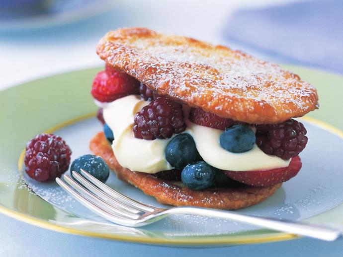**[Berry custard pastries](https://www.womensweeklyfood.com.au/recipes/berry-custard-pastries-6813|target="_blank")**

For an easy, elegant dessert, try these decadent sandwiches of golden puff pastry, juicy berries and custard cream.