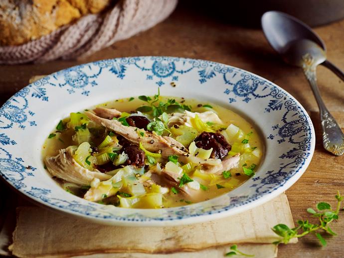 **[Cock-a-leekie soup](https://www.womensweeklyfood.com.au/recipes/cock-a-leekie-soup-28658|target="_blank")**

Perfect for a chilly winter's night- the entire family will love this nourishing chicken and leek soup.