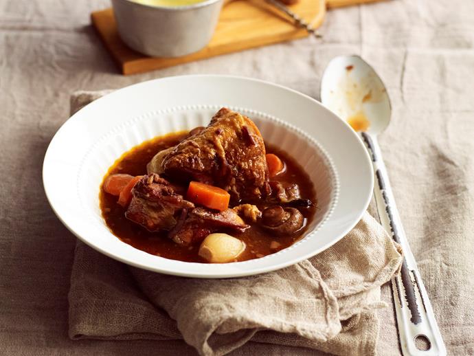 **Slow cooker coq au vin**
<br><br>
This traditional French chicken, bacon and mushroom stew is made even more flavoursome when cooked overnight in a slow cooker. Just breathe in and smell the aromas.
<br><br>
[***Read the full recipe here***](https://www.womensweeklyfood.com.au/recipes/slow-cooker-coq-au-vin-28662|target="_blank")