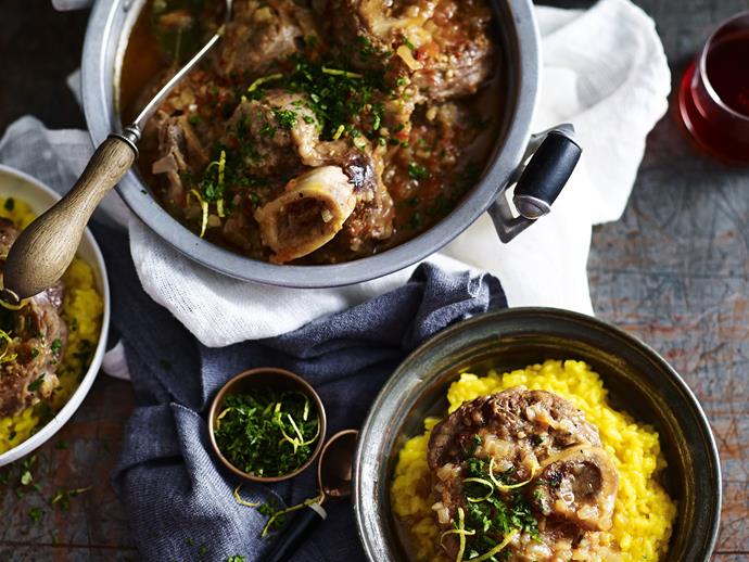 This is the classic osso buco dish, [Osso Buco Milanese](https://www.womensweeklyfood.com.au/recipes/osso-buco-milanese-7074|target="_blank") is a ragu of tender veal on the bone, served on a bed of saffron risotto and topped with herby, garlicky gremolata.