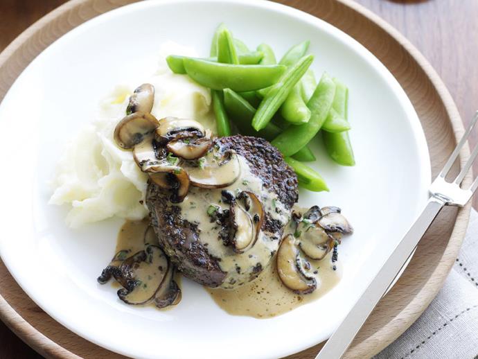 A great bistro classic, [pepper steak](https://www.womensweeklyfood.com.au/recipes/pepper-steaks-with-mushroom-sauce-and-creamy-mash-12659|target="_blank") is often served with fries. We love it served on a bed of creamy mash, slathered with mushroom sauce and accompanied by crisp sugar snap peas.