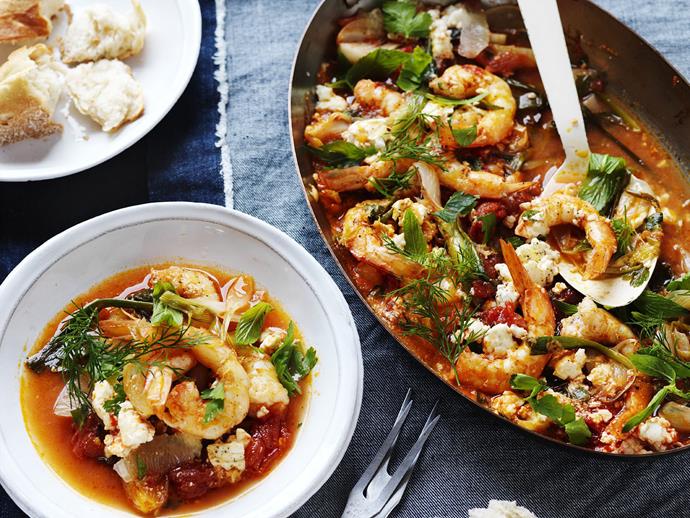 **[Prawns saganaki](https://www.womensweeklyfood.com.au/recipes/prawns-saganaki-23946|target="_blank")**

Saganaki, despite sounding vaguely Japanese, is a popular Greek dish, named after a sagani, the two-handled frying pan in which it is cooked and served. Traditionally made with grilled or fried cheese, sprinkled with lemon juice and eaten with bread. Prawns saganaki is a particularly popular version.