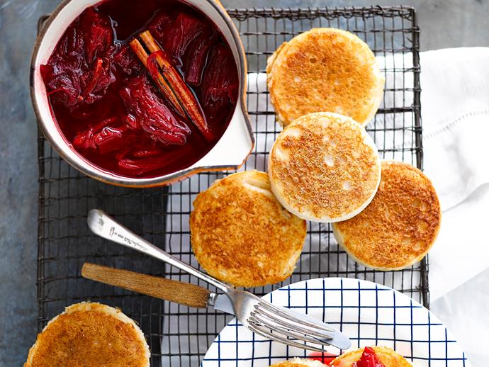 [Crumpets with rhubarb compote recipe.](https://www.womensweeklyfood.com.au/recipes/crumpets-with-rhubarb-compote-28681|target="_blank")