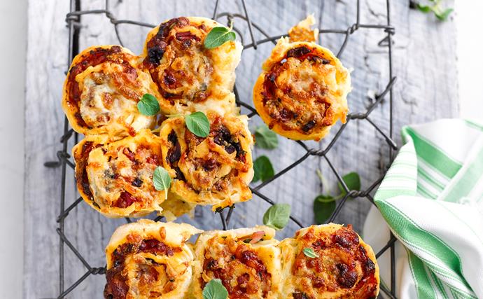Olive and bacon pizza scrolls