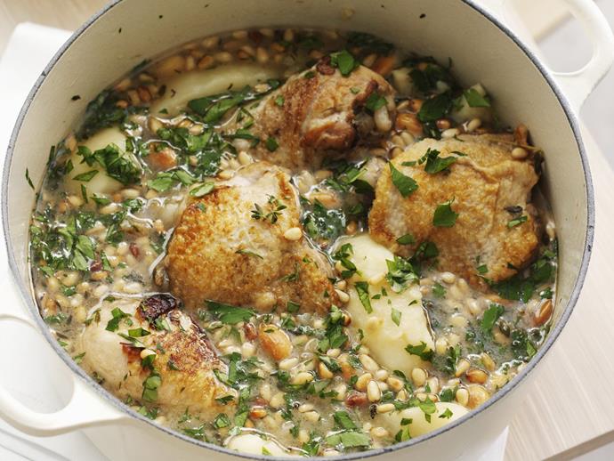 With its rich, lemony cooking juices and handfuls of herbs and nuts, this [Spanish chicken casserole](https://www.womensweeklyfood.com.au/recipes/spanish-chicken-casserole-8027|target="_blank") is a savoury masterpiece. Serve with tender green beans on the side.