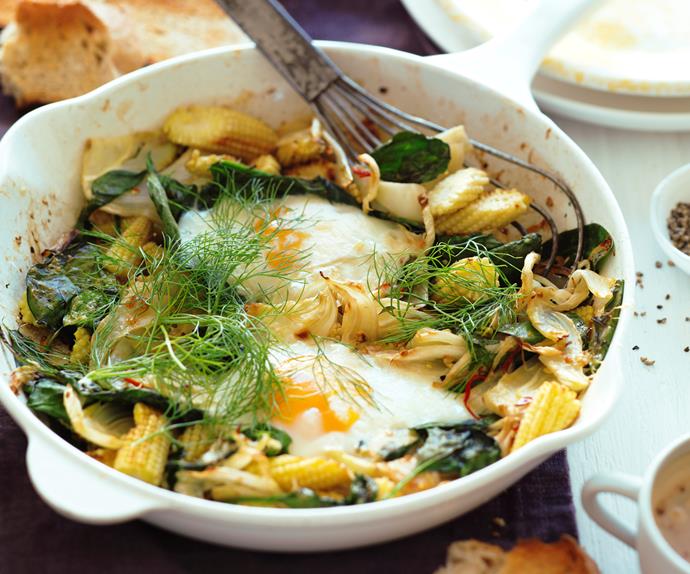 grilled eggs with spiced fennel and spinach