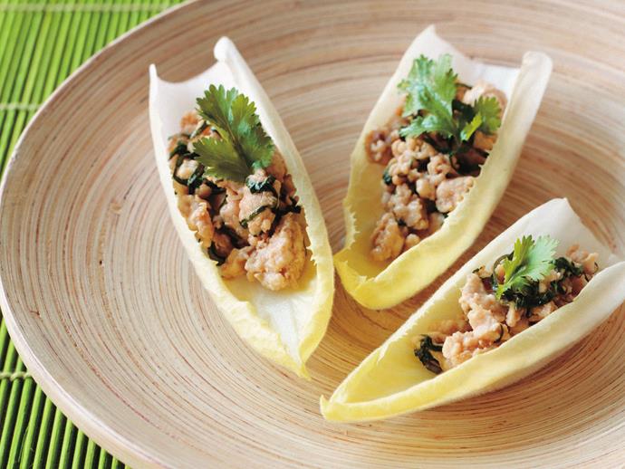 A kind of variation on sang choy bow, these little parcels of [spicy chicken salad in witlof leaves](https://www.womensweeklyfood.com.au/recipes/spicy-chicken-salad-in-witlof-6512|target="_blank") make a great starter or platter of finger food for a party.