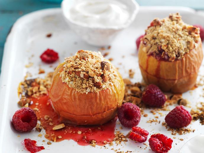 [Baked apples and raspberries with quinoa almond crumble](http://www.womensweeklyfood.com.au/recipes/baked-apples-and-raspberries-with-quinoa-almond-crumble-14198|target="_blank"): The combination of tender baked apples, tart raspberries and a wonderfully crumbly quinoa and crunchy almond topping make this one an all-round winner.