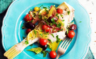 Oven-baked fish with tomato and olives