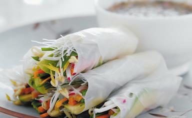 Vegetable rice paper rolls with chilli dipping sauce