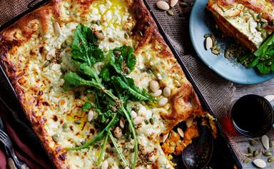 Pumpkin and goat's cheese lasagne with rocket and pepita