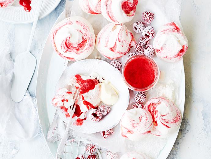 You can't go past these super-sweet, picture-perfect [rosewater and raspberry meringues!](https://www.womensweeklyfood.com.au/recipes/rosewater-and-raspberry-swirl-meringues-28775|target="_blank") They are the perfect balance of sweet, tart and floral. Enjoy a couple with cream or ice-cream for a beautiful dessert.