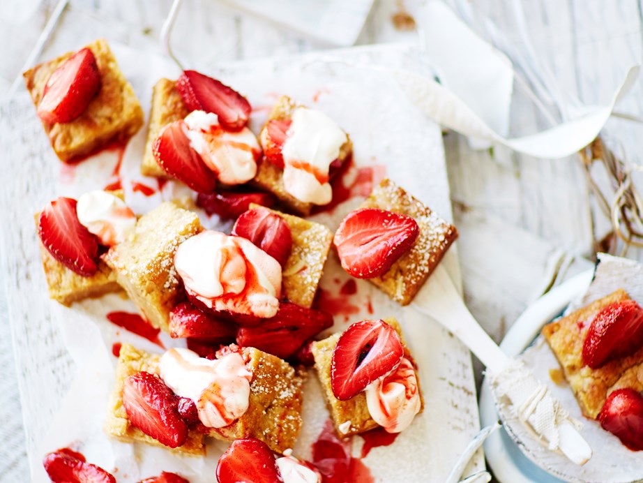 **[Honey slice with roasted strawberries](https://www.womensweeklyfood.com.au/recipes/honey-slice-with-roasted-strawberries-28777|target="_blank")**
This sweet honey slice with roasted strawberries is the perfect accompaniment for your morning or afternoon cuppa.