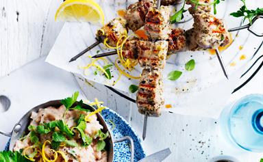 Greek pork skewers with crushed white beans