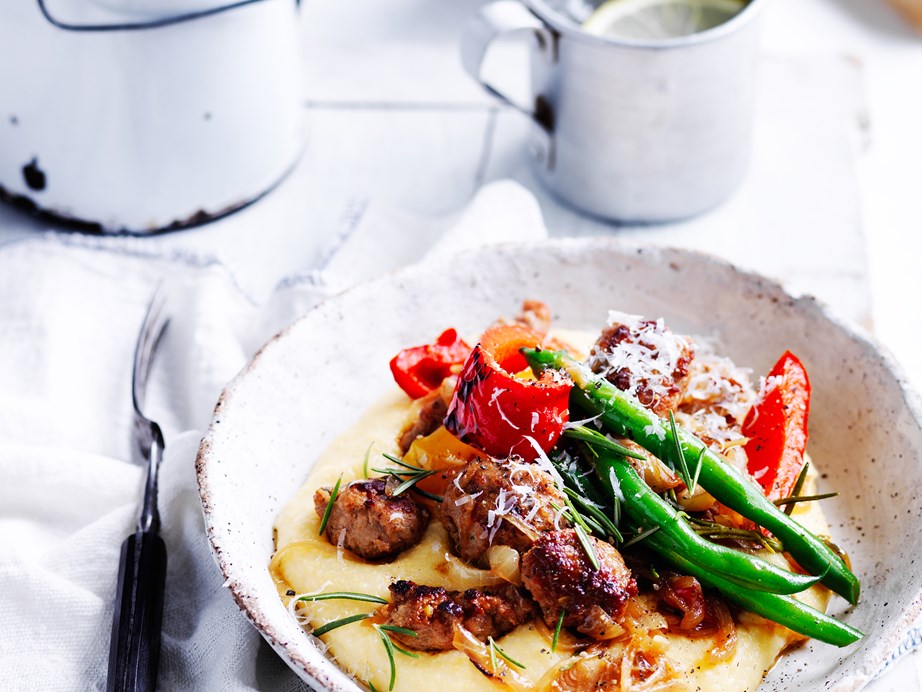 [Sausage meatballs](https://www.womensweeklyfood.com.au/recipes/sausages-and-capsicum-with-soft-polenta-28889|target="_blank") cooked in a delicious sauce of capsicum, onion, rosemary and garlic and served atop a pile of soft, polenta is a wonderfully warming dish to make out of a simple packet of snags.